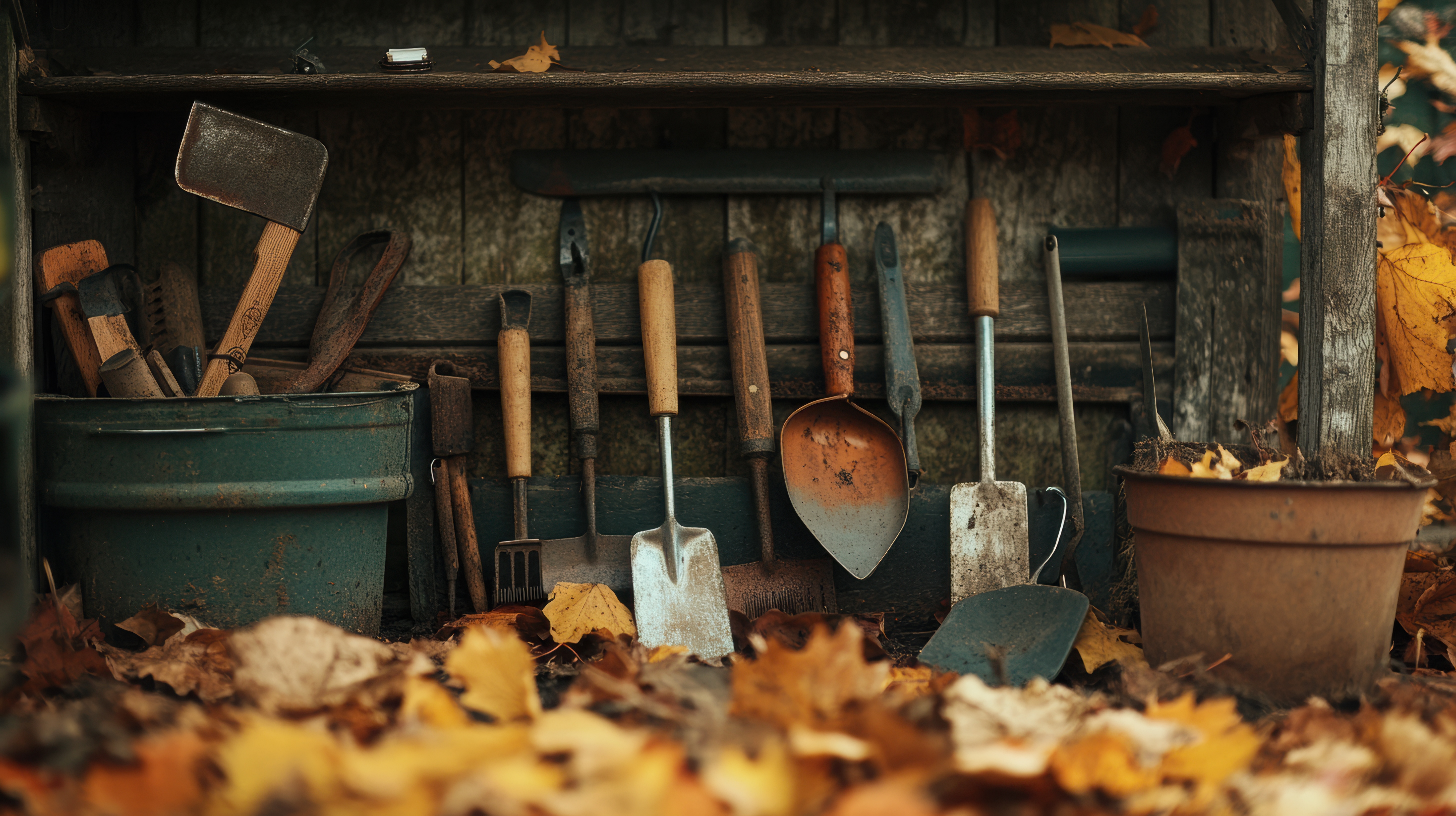 garden tools against a building